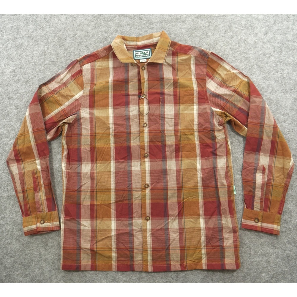 Vissla Shirt Mens Small Red Brown Button Up Plaid Long Sleeve New